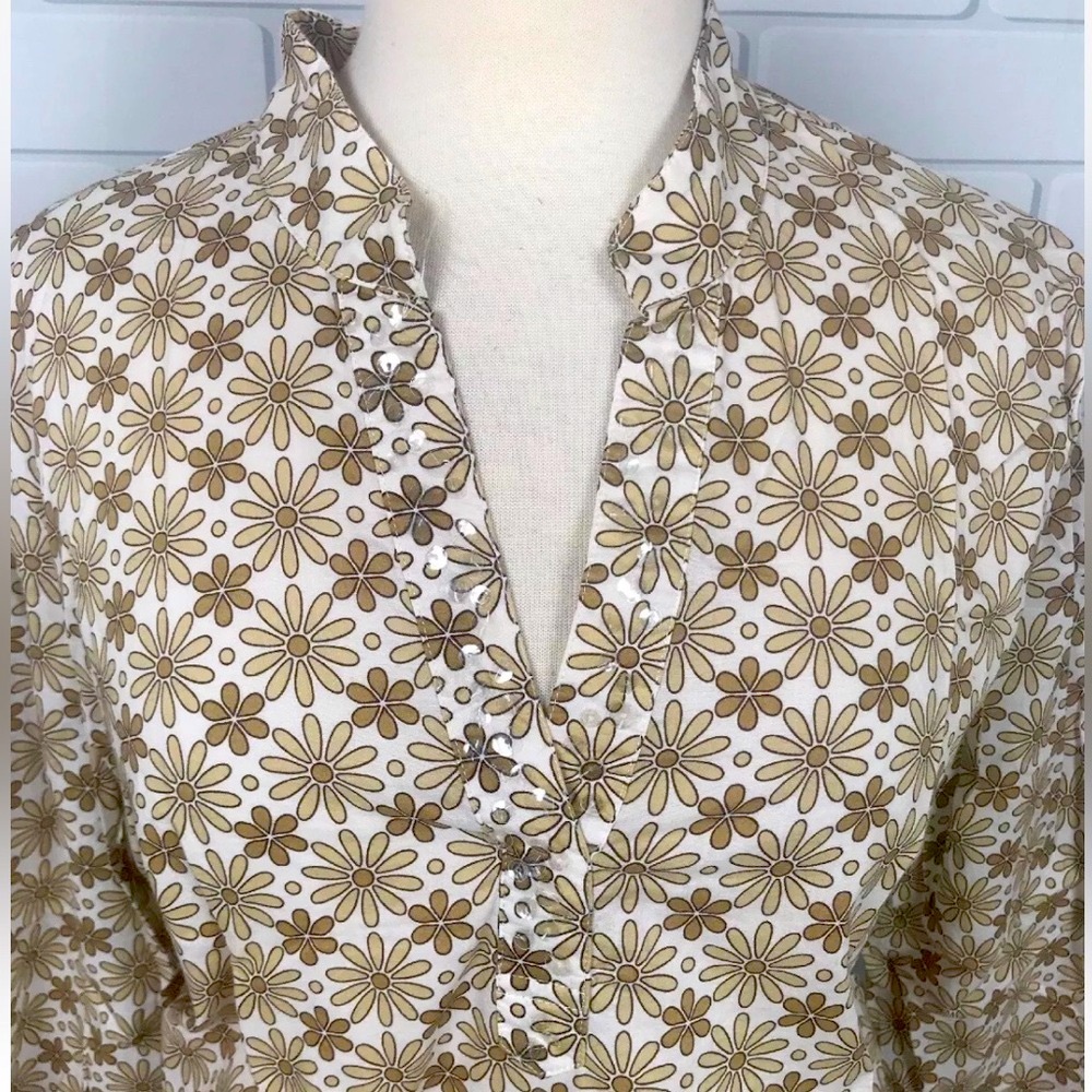Sparkling Size 2X Tan Brown White With Sequin Bling Floral Top Shirt Blouse